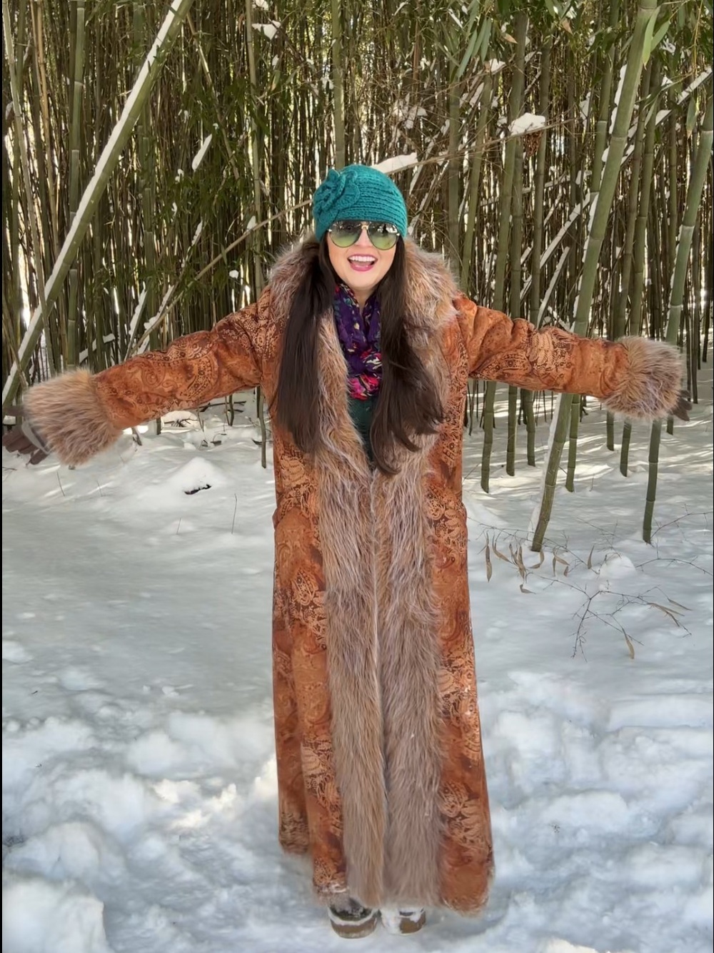 Newport News Brown Paisley Faux Fur Trim Long Coat